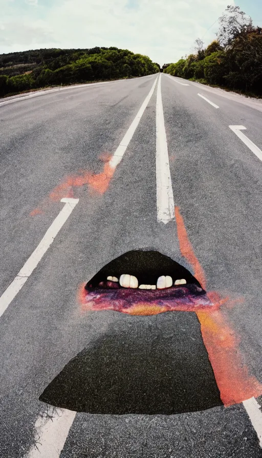 Prompt: photo of a giant mouth open on an asphalt road, realistic photo, gopro, looming, colorful, eerie