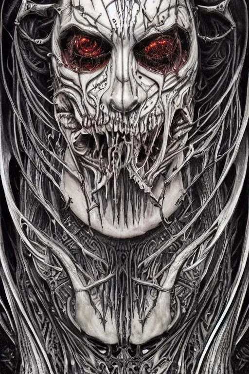 Prompt: Elden Ring and Doom themed painting of majestic chromatic biomechanical anatomical hybrid beautiful ethereal angel symmetrical neutral black metal corpsepaint mask closeup face tattoo pattern golden ratio concept, Neo-Gothic concept, infinity glyph waves, intricate artwork masterpiece, very coherent artwork, cinematic, full frontal facial features by Artgerm, art by H.R. Giger, Joseph Michael Linsner, Zdizslaw Beksinski, Johnatan Wayshak, Moebius, Ayami Kojima, very anatomically coherent artwork, trending on cgsociety, ultra high quality model, production quality cinema model, high detail chromatic ink outline, octane render, unreal engine 8k, hyper realism, high detail, octane render, unreal engine, 8k, High contrast