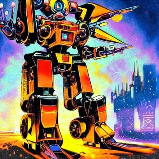 Image similar to colourful mecha robot, art drew struzan, stanley artgem lau