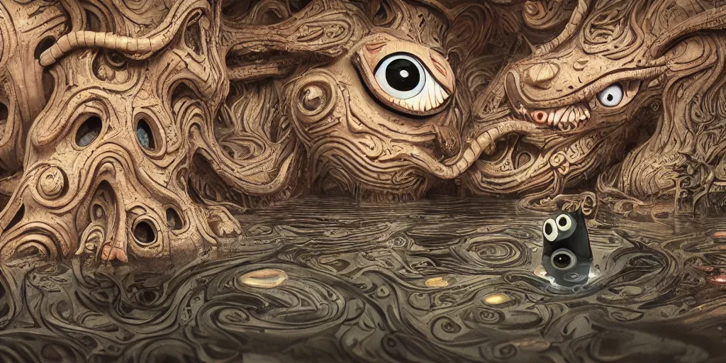 Image similar to of an intricate muddy water with strange cute friendly happy creatures with huge eyes, long tongue, round teeth and goofy funny face, appearing from the background, in the style of gehry and gaudi, macro lens, shallow depth of field, ultra detailed, digital painting, trending artstation, concept art, illustration, cinematic lighting, photorealism, epic, octane render