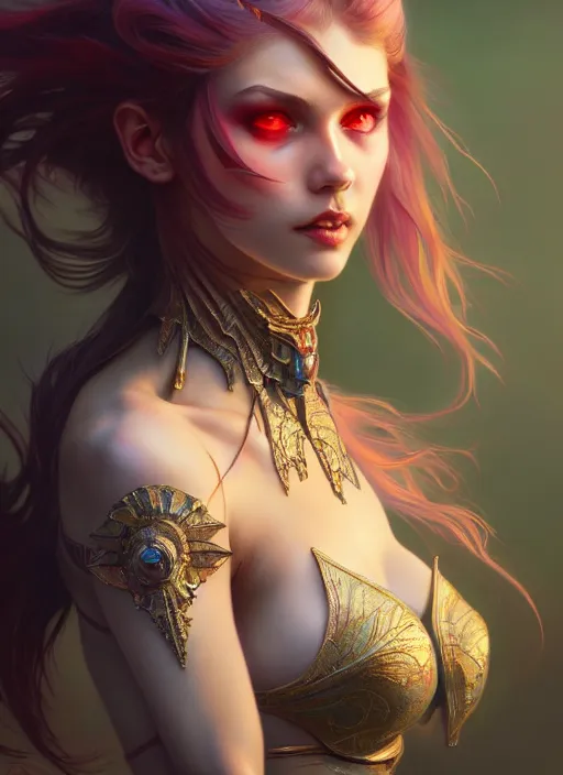 Image similar to hyper detailed ultra sharp of a beautiful devil girl. trending on artstation, dungeon, colorful, ornate, intricate, digital painting, concept art, smooth, sharp focus, illustration, art by artgerm and greg rutkowski and alphonse mucha, 8 k