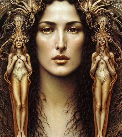 Prompt: detailed realistic beautiful young monica bellucci head and shoulders portrait by jean delville, gustave dore and marco mazzoni, art nouveau, symbolist, visionary, baroque, intricate fractal, maximalism. horizontal symmetry by zdzisław beksinski, iris van herpen, raymond swanland and alphonse mucha. highly detailed, hyper - real, beautiful