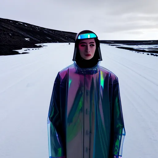 Image similar to an ultra high definition professional studio quality photograph of an artificially intelligent cyberpunk art influencer wearing a transparent iridescent pastel coloured face visor and matching raincoat on white coat hook in a sheer icelandic black rock environment. dramatic lighting. volumetric shadows. light rays
