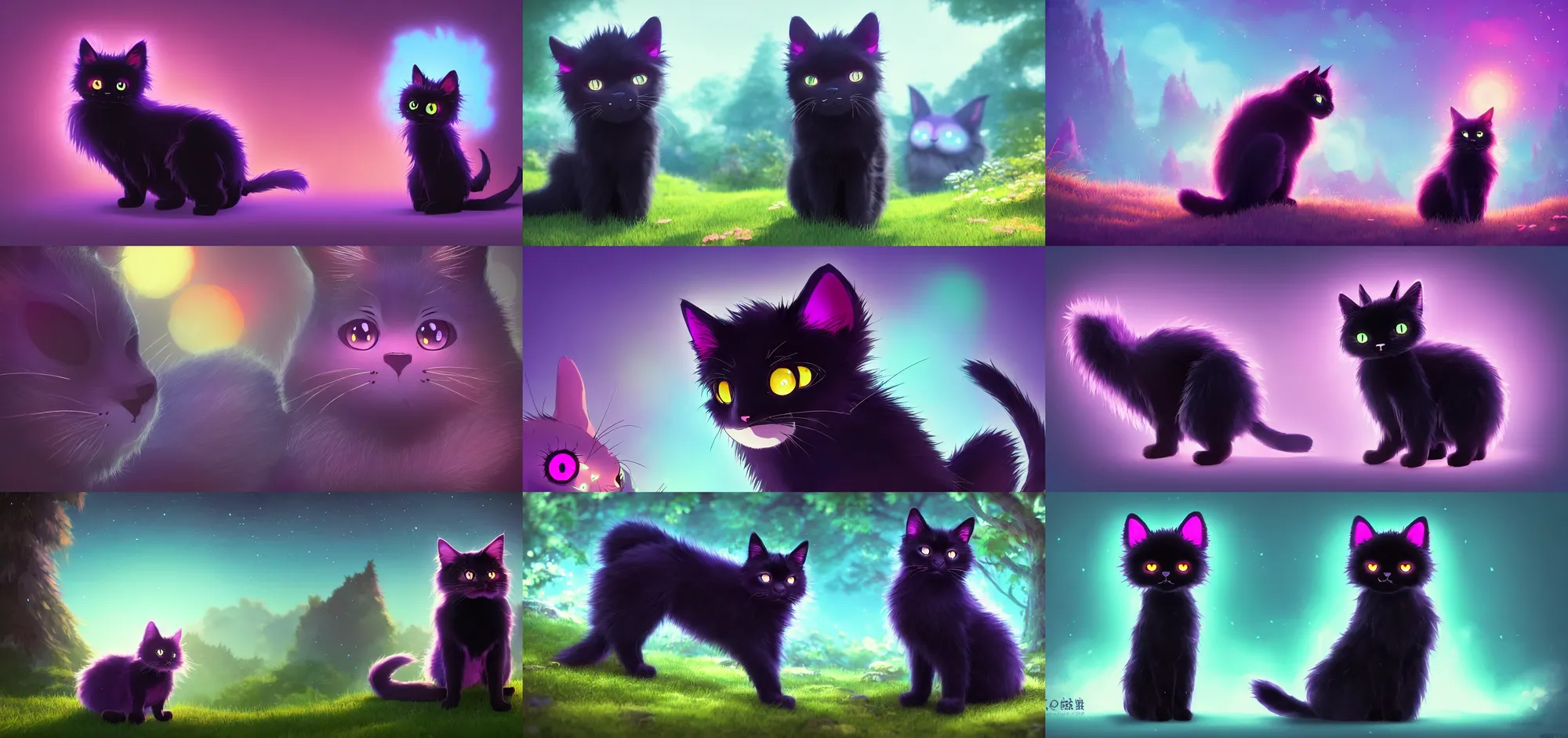 Prompt: ultra - realistic ultra - detailed adorable cute fluffy bioluminescent black cat in the style of ghibli kazuo oga, colorful fur, big ears, big purple eyes, forest landscape, dof, soft lighting, unreal engine, octane render