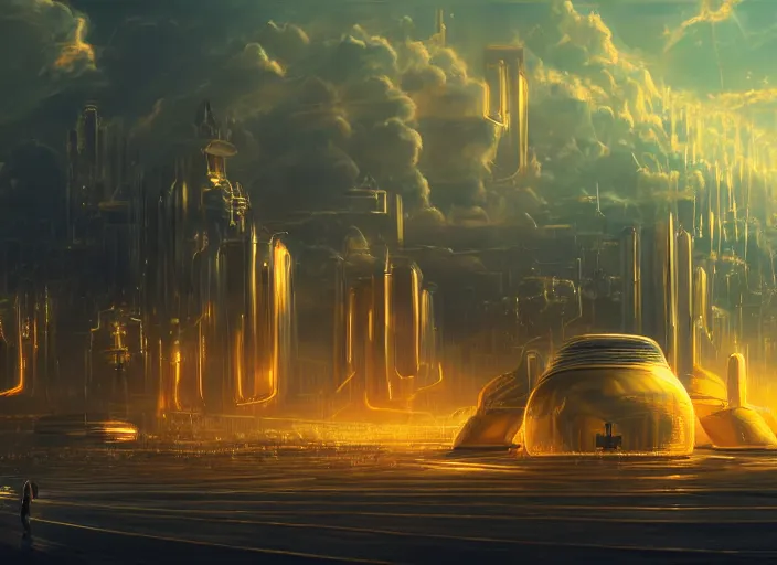 Prompt: cult of technology, exterior of scifi temple, machines, robots, ultra realistic, golden computers, highly detailed, clouds, futuristic landscape, city, atmosphere, masterpiece, epic lighting, glowing wires, mysterious, illuminated, 4 k, cinematic, art by patryk olkiewicz and chris ostrowski and liang yao