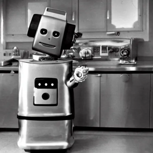 Image similar to a robot cooking in the kitchen in 1 9 7 4