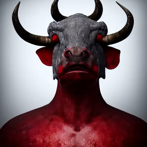 Prompt: hyper realistic knight with bull horns coming out of eye sockets, red, artstation, 8 k render, octane, fueled by caffeine : : tim burton