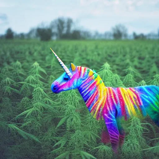 Prompt: a tye - die unicorn with wings eating in a field of marijuana, wildlife photography, 8 k, highly detailed