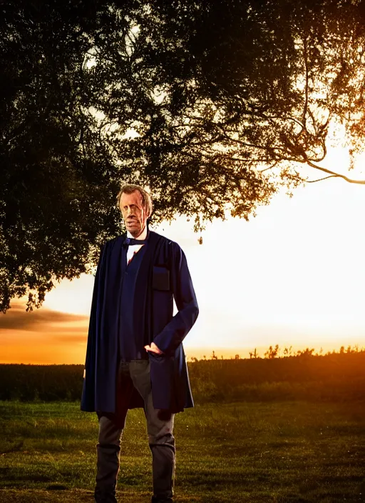 Image similar to dslr photo portrait still of hugh laurie as doctor who in front of the tardis at sunset, 8 k, 8 5 mm f 1. 4