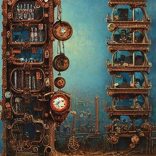 Prompt: steampunk landscape with vending machine, filigree ornaments, beksinski