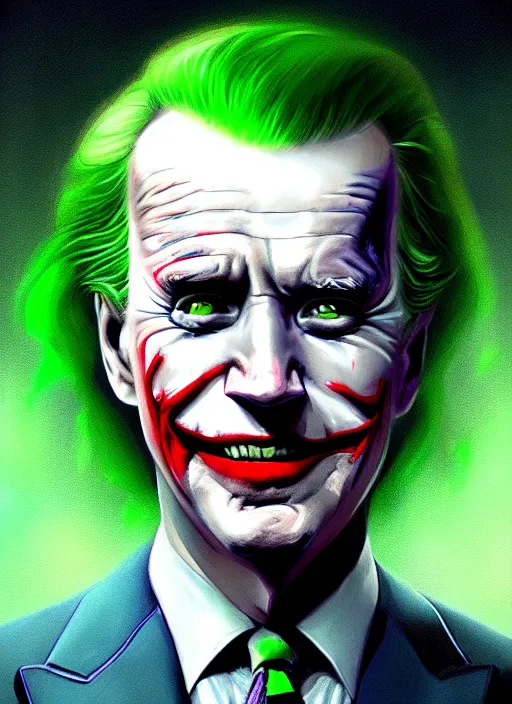 Image similar to portrait of joe biden as the joker, green hair, intricate, elegant, glowing lights, highly detailed, digital painting, artstation, concept art, sharp focus, illustration, art by wlop, mars ravelo and greg rutkowski