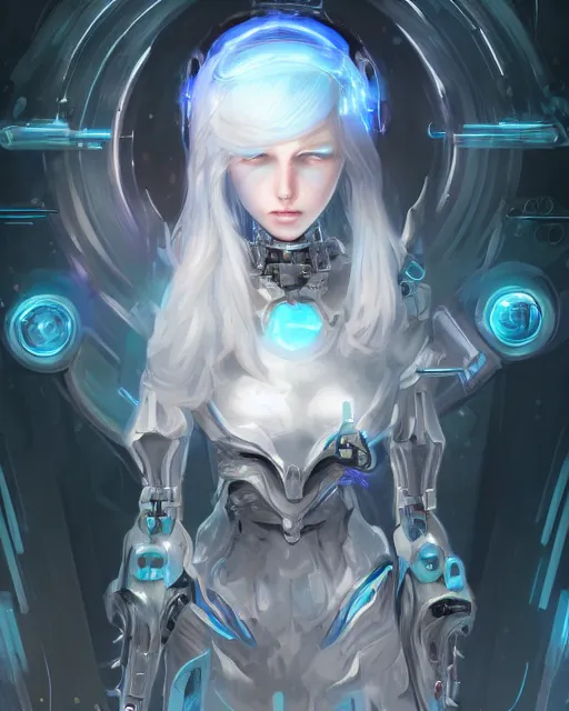 Image similar to holy cyborg necromancer girl, elegant, scifi, futuristic, utopia, garden, illustration, atmosphere, top lighting, blue eyes, white hair, focused, artstation, highly detailed, art by yuhong ding and chengwei pan and serafleur and ina wong