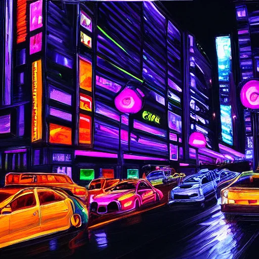 Image similar to realistic painting neon city black light highly detailed trending on art station