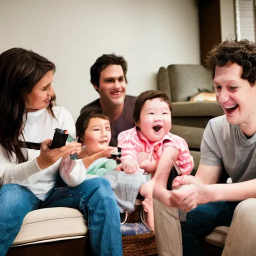 Prompt: baby mark zuckerberg and john mayer playing nintendo with their parents and their best friends look on. 3 k, depth of field, bokeh