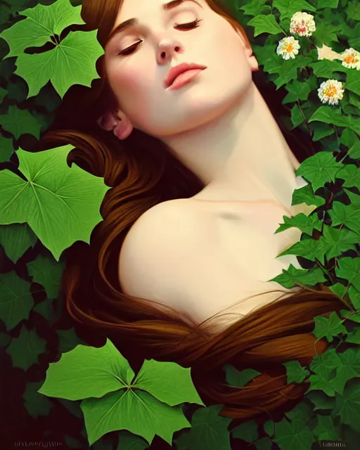 Image similar to stylized portrait of an artistic pose, composition, young lady sleeping sorrounded by nature, ivy's, flowers, one single head, realistic shaded, fine details, realistic shaded lighting poster by ilya kuvshinov, magali villeneuve, artgerm, jeremy lipkin and michael garmash and rob rey