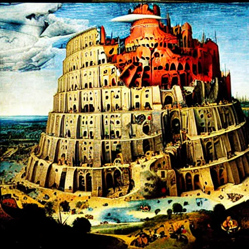 Image similar to The Tower of Babel by Bruegel, drawn by Salvador Dali