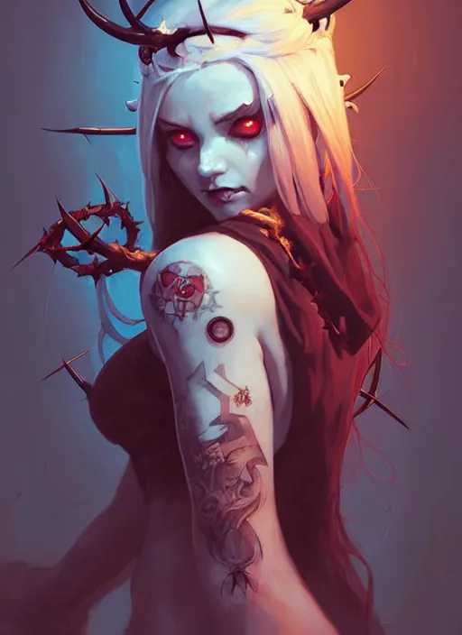 Image similar to portrait of cute succubus girl with crown of thorns and horns covered with runic tattoos, warhammer, dark fantasy, by atey ghailan, by greg rutkowski, by greg tocchini, by james gilleard, by joe gb fenton, by in kaethe butcher, dynamic lighting, gradient light blue, red, blonde cream and white color in scheme, grunge aesthetic