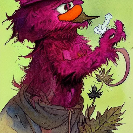 Image similar to a realistic and atmospheric watercolour fantasy character concept art portrait of elmo with pink eyes smoking a huge blunt looking at the camera with a pot leaf nearby by rebecca guay, michael kaluta, charles vess and jean moebius giraud