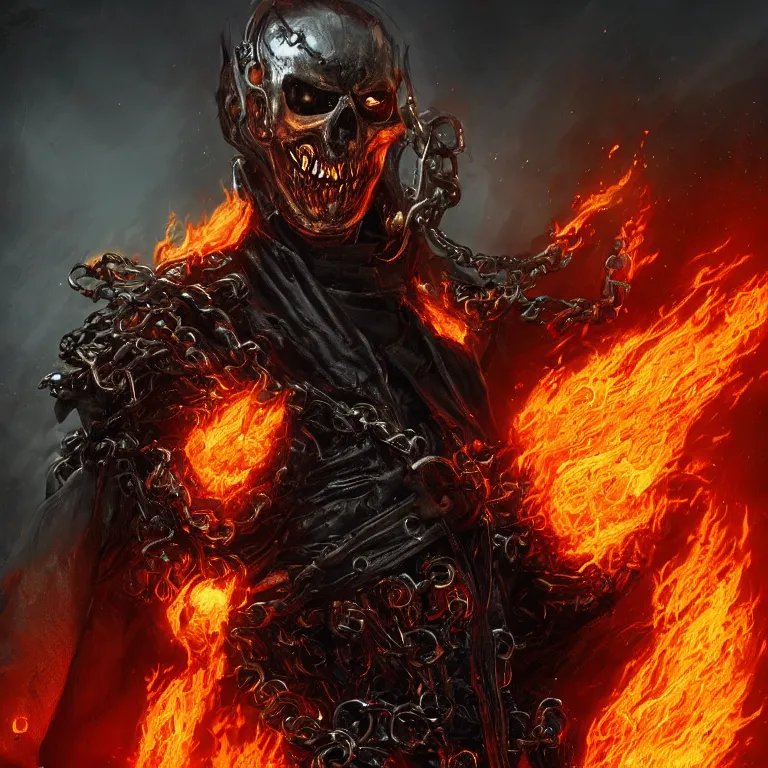 Prompt: Ghost Rider wearing a leather coat and chains, flaming grim reaper, demons of hell, the pits of hell, headshot photo, character concept, dark souls concept art, Feng Zhu concept art, dramatic lighting, highly stylized, trending on artstation, high-quality wallpaper, desktopography