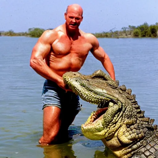 Prompt: steve austin wrangles a crocodile