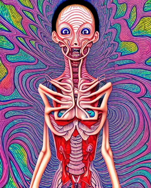 Image similar to human body breaking away, conjuring psychedelic illustration, part by shintaro kago, part by alex gray, ultra realistic, highly detailed, 8 k, trending on artstation, symmetry