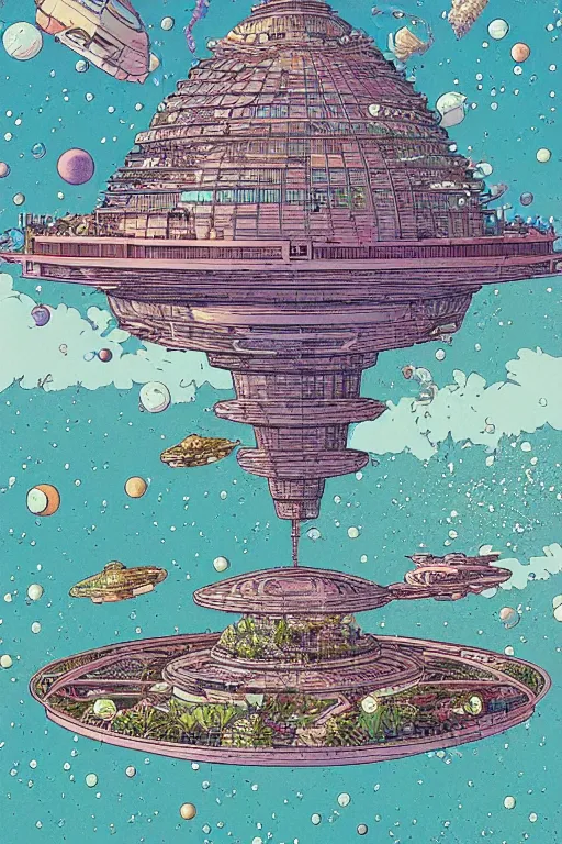 Image similar to multi level botanical garden spaceship floating in space, calm, tranquil, faded effect, detailed, vaporwave colors, by geof darrow, geof darrow art,