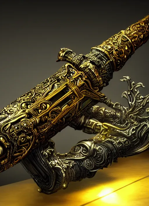 Prompt: legendary glowing sword of cybernetic technology on a table, digital award winning artwork, intimate, intricate, long sharp black and iridescent blade, ornate gothic baroque spikes coming out, colorful hilt, vivid detailed realistic, ray tracing, colored gems, golden pommel, by yoshitaka amano, deviantart