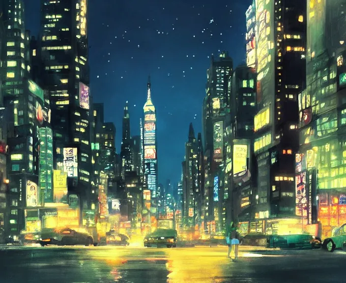 Prompt: New York city at night, peaceful and serene, incredible perspective, soft lighting, anime scenery by Makoto Shinkai and studio ghibli, very detailed