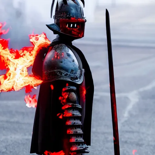 Image similar to a black knight in shining armor, a terrible mask on his face, eyes burning with red fire. a boy is standing next to him and he has a sword in his hands