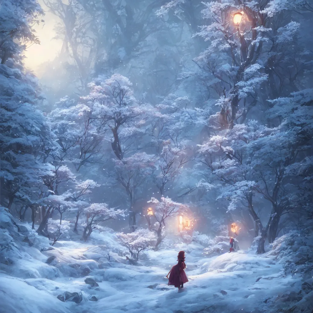 Prompt: beautiful scene render of cherry blowing snow, unreal engine, fantasy art by greg, loish, rhads, ferdinand knab, makoto shinkai and lois van baarle, ilya kuvshinov, rossdraws, tom bagshaw, global illumination, radiant light, detailed and intricate environment ， trending onstudio ghibli, octane render, 8 k