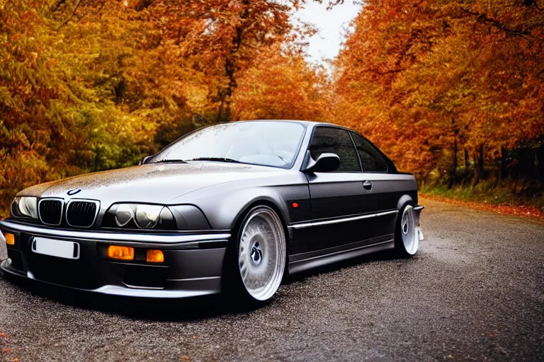 Image similar to A modified BMW e36 parked in a road with trees, autumn season, rain, Epic photography, taken with a professional camera, 10 mm, depth of field, highly detailed