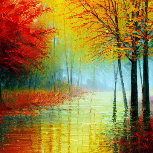 Prompt: a painting of lake in the rain, autumn, acrylic painting, very detailed, mellow, 4 k, impressionism, trending on artstation
