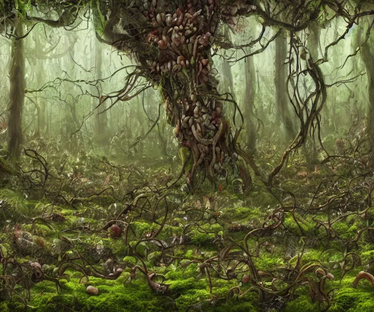 Image similar to a forest made of mold, mushrooms, moss, and vines in the style of anti - art trending on artstation deviantart pinterest detailed high resolution hd 8 k