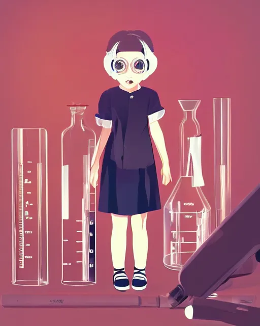 Image similar to a little girl in science lab experiment test tube microscope. clean cel shaded vector art. minimalist illustration art by lois van baarle, artgerm, helen huang by makoto shinkai and ilya kuvshinov, rossdraws