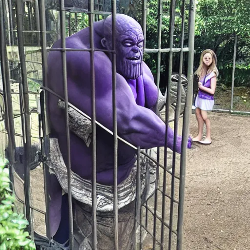 Prompt: Thanos in a cage, being watched by a family at the zoo