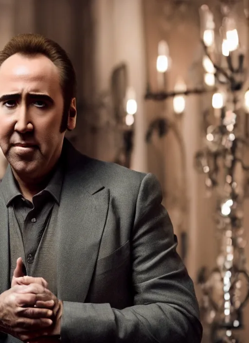 Prompt: portrait photo still of nicolas cage giving a handshake, 8 k, 8 5 mm, f. 1 4, beautiful composition