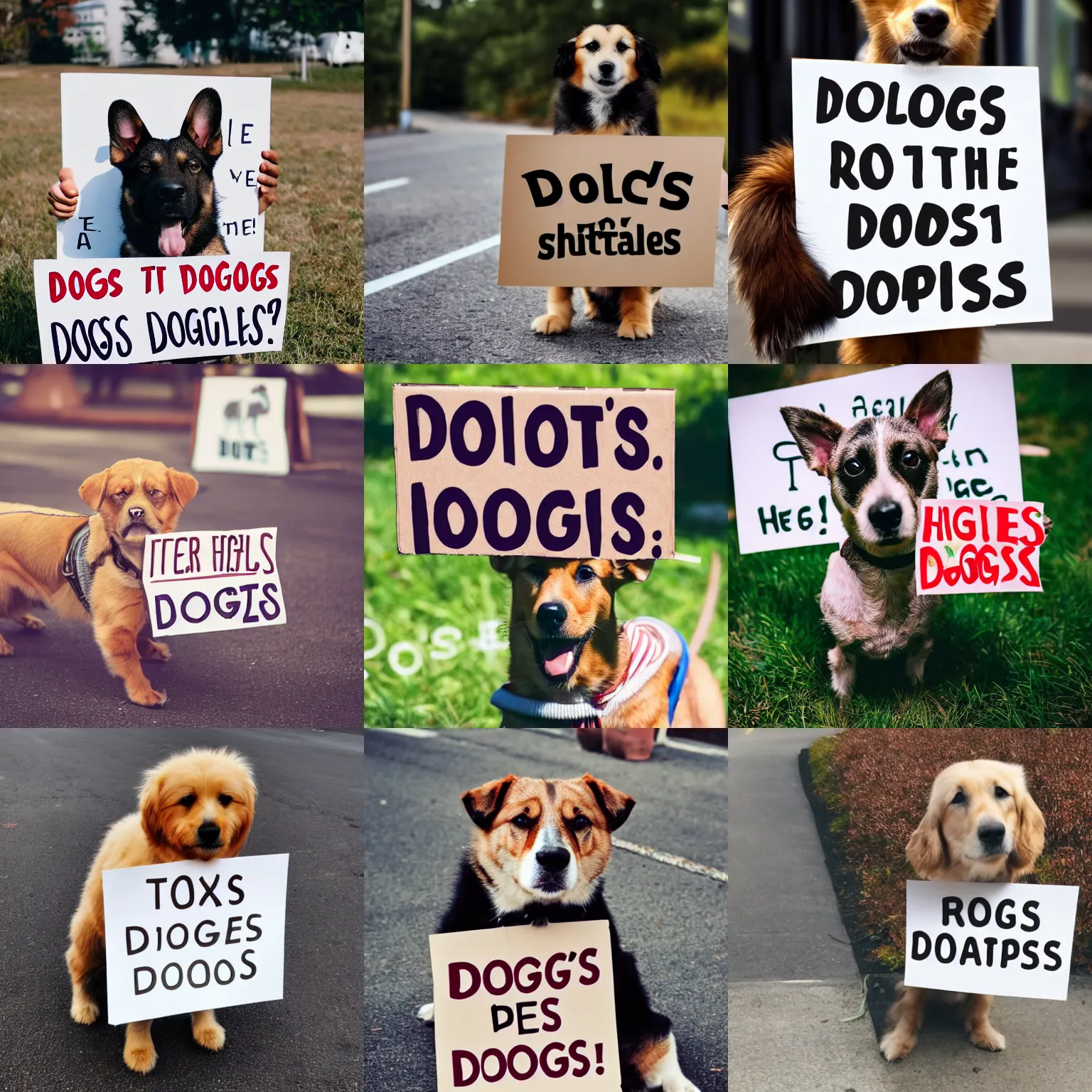 Image similar to realistic high quality photo of a cute dog holding a sign with text that reads : dogs