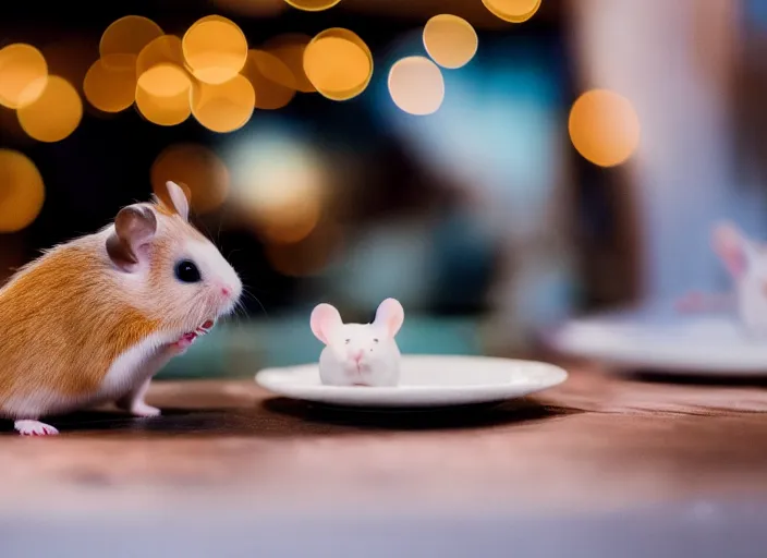 Image similar to photo of a hamsters on a date, kissing, at night, romantic, faded colors, candlelit restaurant table, cinematic color grading, various poses, soft light, well framed, sharp focus, 8 k