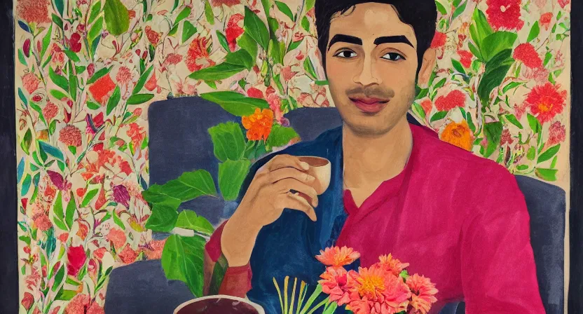 Prompt: full body portrait, a guy having chai, happy, flowers, absurdly beautiful, elegant, realistic ultrafine hyperrealistic detailed face illustration by amrita sher - gil, intricate linework, sharp focus, bright colors, matte, unreal engine highly rendered, global illumination, radiant light, intricate environment