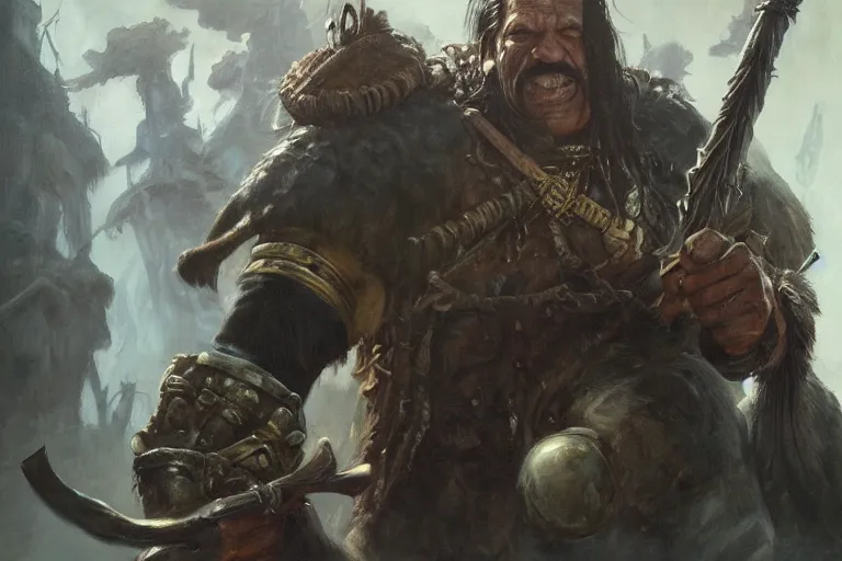 Prompt: A beautiful oil painting of Danny Trejo in Warhammer Vermintide, by Lucas Graciano, Frank Frazetta, Greg Rutkowski, Boris Vallejo, epic fantasy character art, warhammer fantasy, Exquisite detail, post-processing, low angle, masterpiece, cinematic