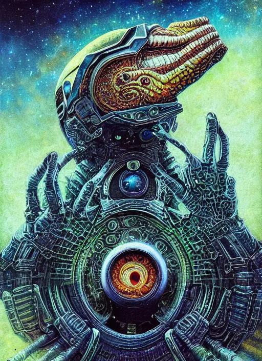 Image similar to emek spaceship mf doom reptile eyes, cosmic lsd poster art, intricate, elegant, highly detailed, centered, digital painting, artstation, concept art, smooth, sharp focus, illustration, artgerm, tomasz alen kopera, peter mohrbacher, donato giancola, joseph christian leyendecker, wlop, frank frazetta