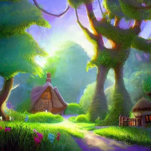 Image similar to a disney background art painting, an old cottage in a beautiful forest, soft light, disney concept art, the art of pixar,