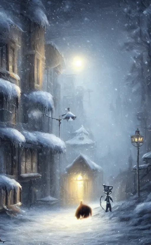 Image similar to cute fluffy caracal, a blurry ambient lantern in the distance of a snowy village at night, dynamic lighting, ambient lighting, atmospherical, photorealistic fantasy concept art, trending on art station, stunning visuals, creative, cinematic, ultra detailed