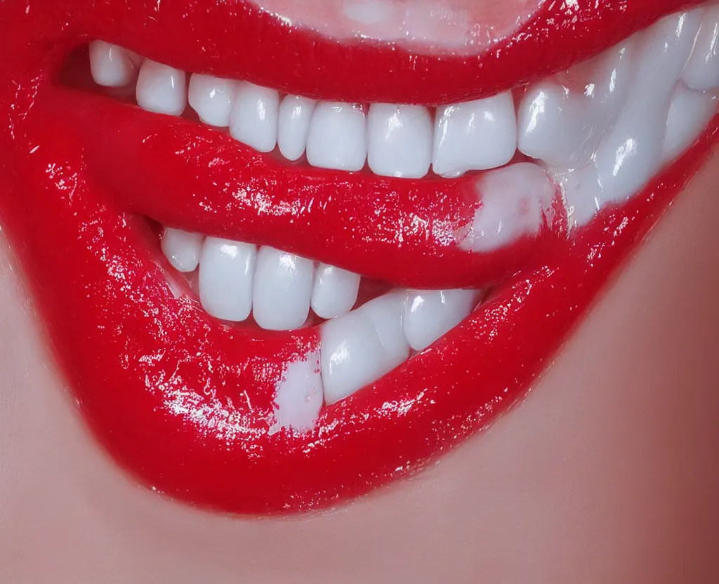 Prompt: beautiful realistic and detailed soft airbrush of a glossy wet scarlet red female mouth on white background, inspired by 8 0 s airbrush illustrations, art by pater sato
