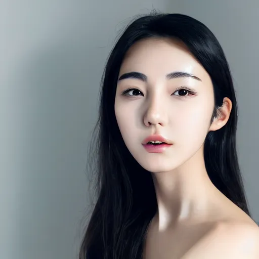 Prompt: Gorgeous young korean woman with short dark hair and light brown eyes, popular korean makeup, smooth light skin, smooth chin, small smile, white teeth, high detail, photo realistic, 4k detail, portrait photo