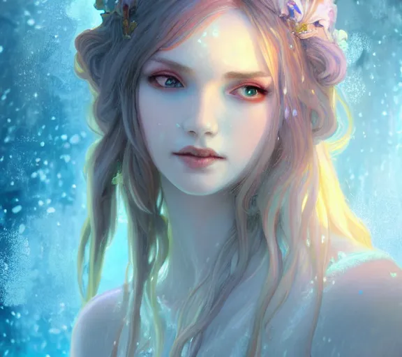 Image similar to beautiful ancient frost witch, pastel fire in eye, snow glow, pool party, highly detailed, digital painting, artstation, sharp focus, illustration, art by tan zi and ayanamikodon and alphonse mucha and wlop