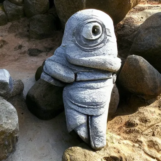 Prompt: archeological discovery of a stone carved minion