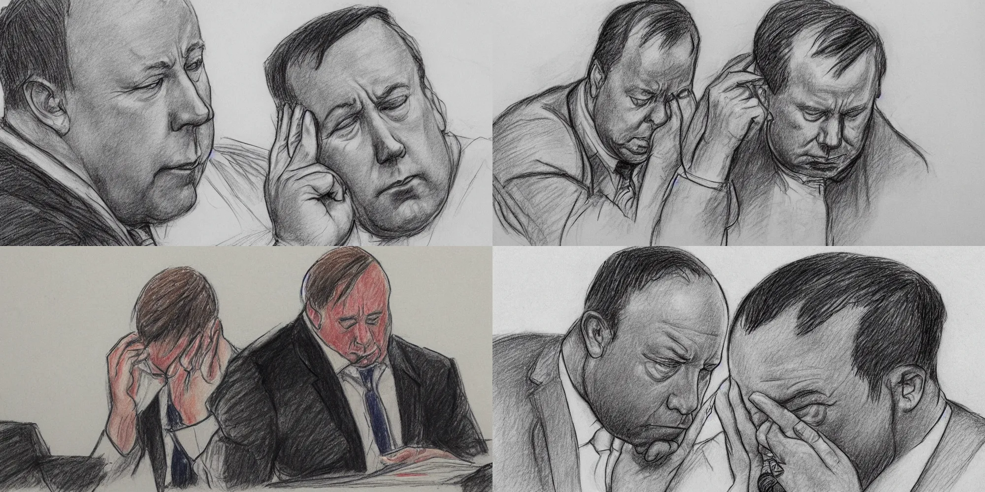 Prompt: courtroom drawing of alex jones infowars losing millions and millions of dollars, humiliated, head in hands, pencil sketch, close up