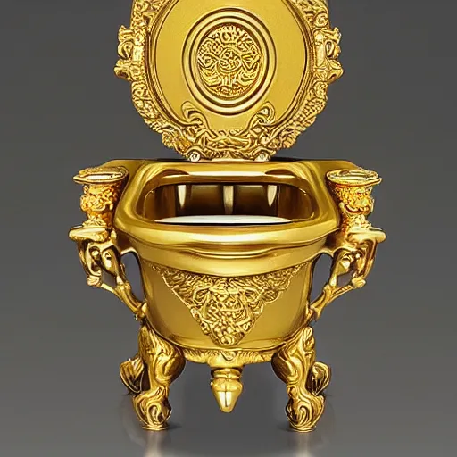 Image similar to a toilet made from solid gold. highly detailed, ornate, photorealistic