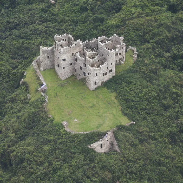 Image similar to aerial view of an ancient punisher castle compound fortress from above on a hill by the ocean shaped exactly like the punisher symbol detailed